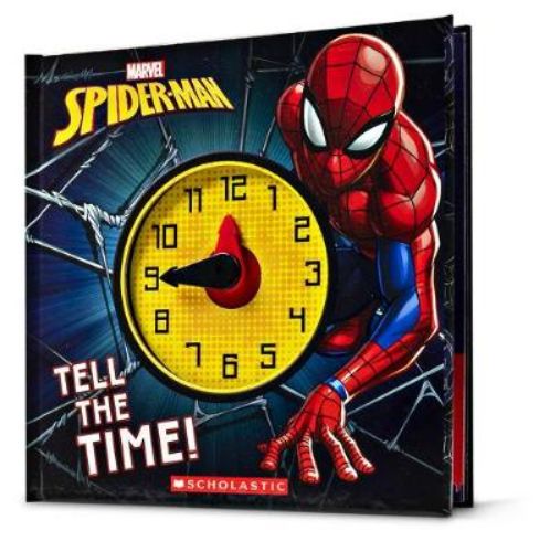 Colorful children's book featuring Spider-Man teaching kids how to tell time with engaging stories and interactive activities.
