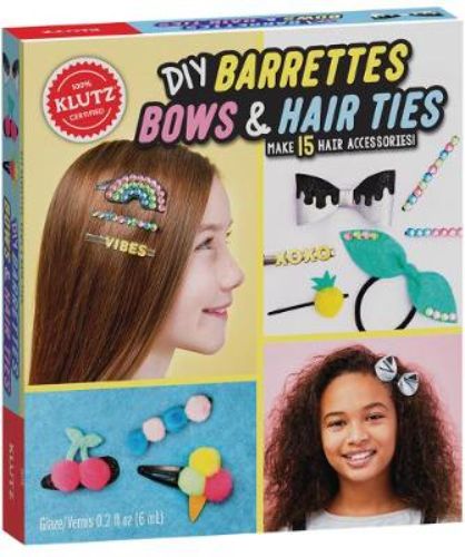 DIY kit for kids featuring materials to create 15 stylish hair accessories, including bows, clips, and ties with instructions.