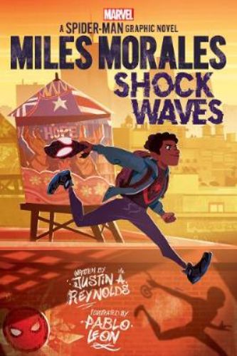 Cover of 'Miles Morales: Shock Waves', showcasing Brooklyn's Spider-Man in action amid a backdrop of adventure and social themes.