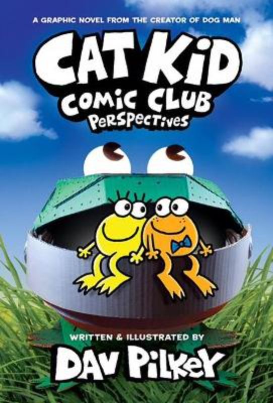 Cover of 'Cat Kid Comic Club 2,' featuring colorful illustrations of Li'l Petey, Molly, and baby frogs in a fun comic adventure.
