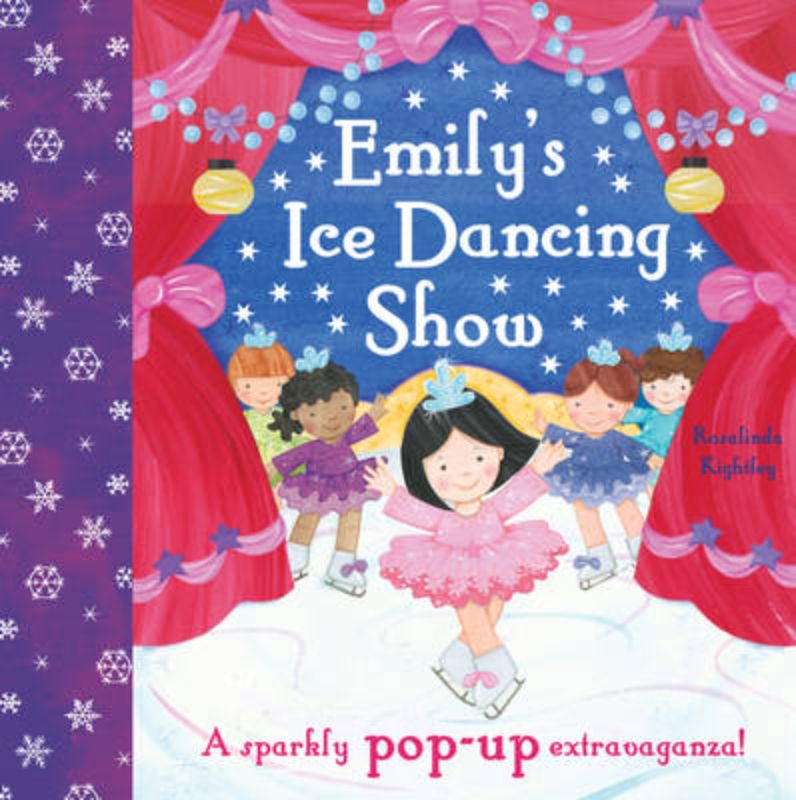 Interactive children's book featuring Emily ice skating with colorful tabs, spinning wheels, and a sparkling pop-up finale.
