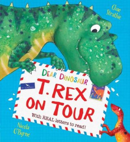 Interactive children's book 'Dear Dinosaur: T. Rex on Tour' features Max and T. Rex on a global adventure with fold-out letters.