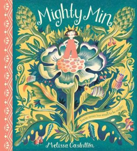 Illustrated cover of "Mighty Min," showcasing a tiny girl and a mystical owl in a world of adventure and courage.