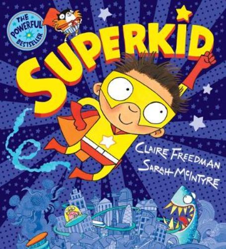 A vibrant children's book cover featuring Superkid, an ordinary boy with extraordinary powers, promoting self-discovery and bravery.