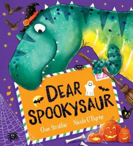 Cover of "Dear Spookysaur," a festive children’s book featuring T.Rex and Max on a dinosaur Christmas adventure.