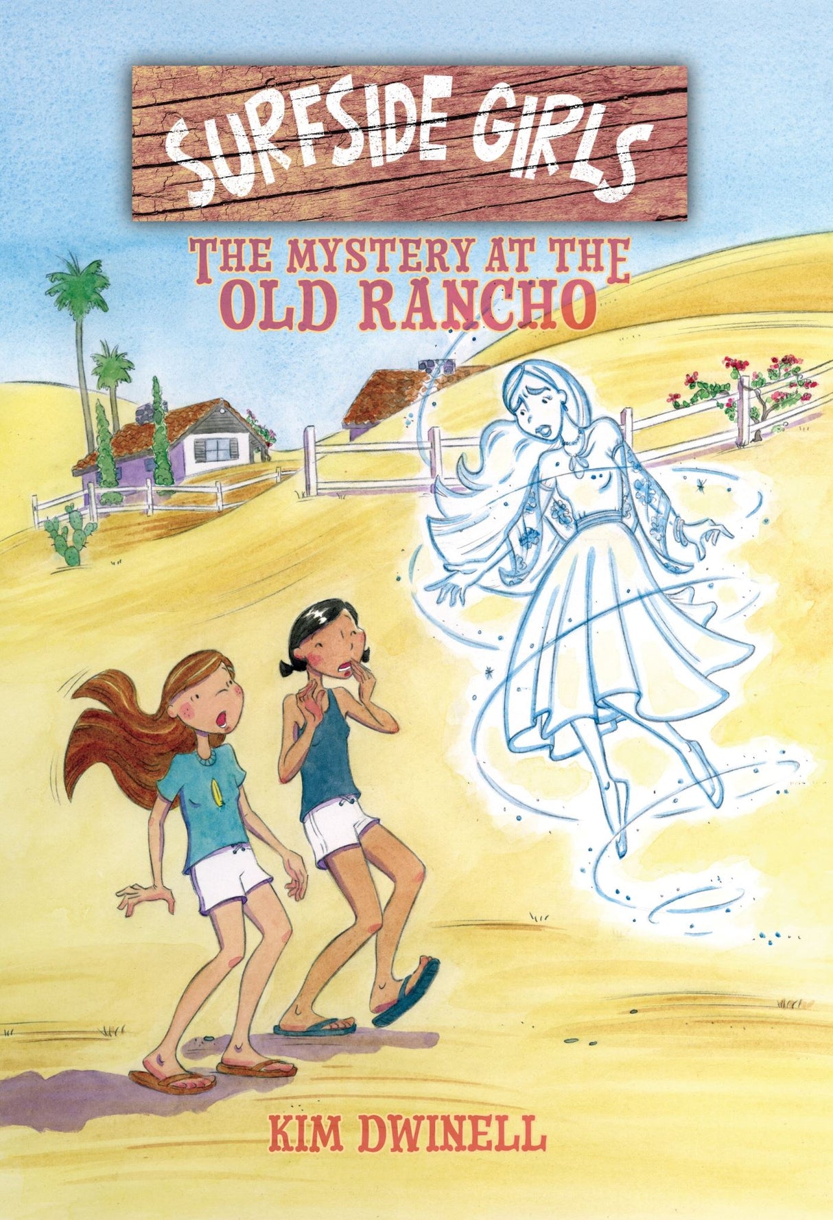 Cover of "Surfside Girls: The Mystery at the Old Rancho" featuring Sam and Jade amid a coastal backdrop and surfing elements.