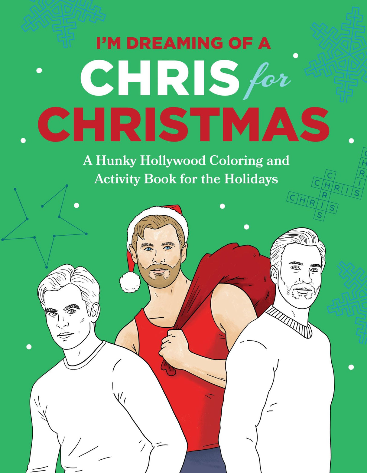 Festive activity book featuring celebrity 'Chrises' in holiday-themed illustrations, puzzles, and carol lyrics.