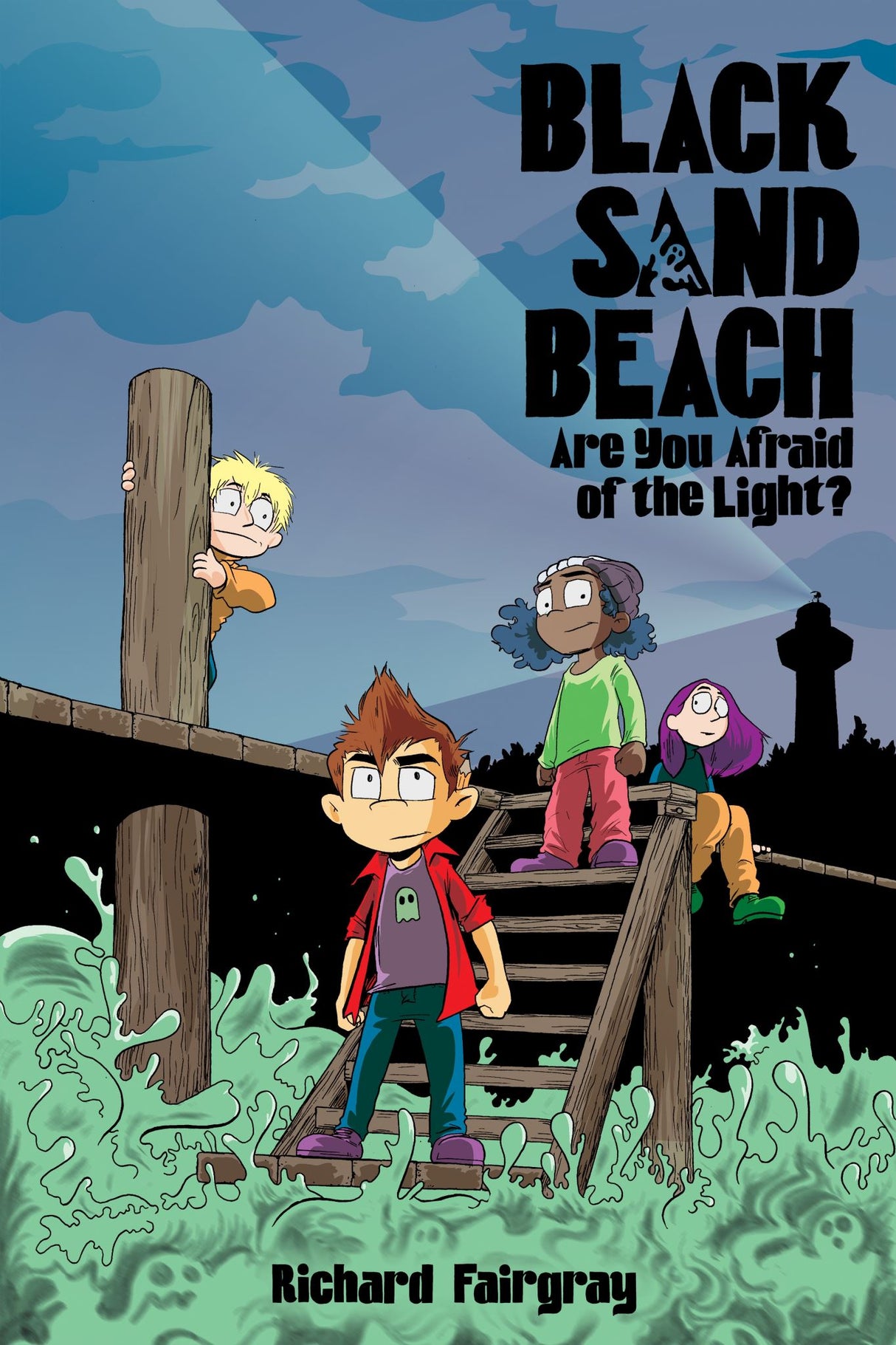 Middle-grade graphic novel cover featuring Dash and Lily on a spooky beach adventure with ghosts and a zombie ram.