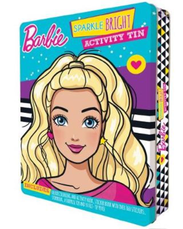 Colorful Barbie Sparkle Bright Activity Tin featuring a coloring book, stickers, storybook, pens, and a mini-doll for creative fun.