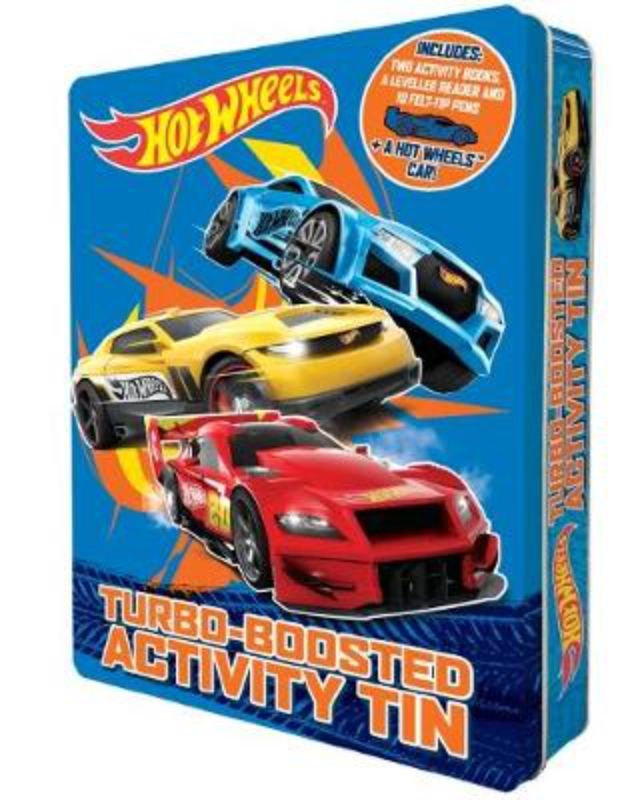 Hot Wheels Track Pack Tin featuring coloring book, activity stickers, reading material, pens, and a die-cut car for kids.
