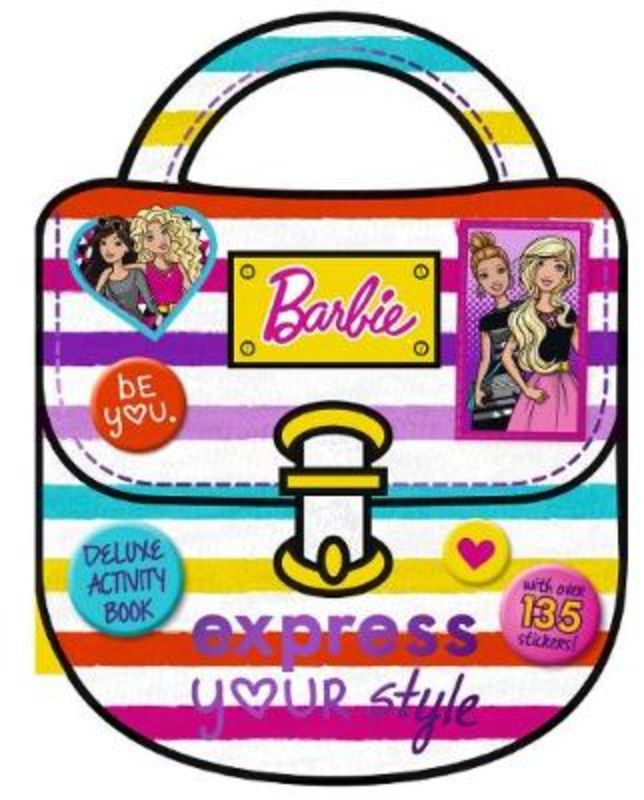 Colorful Barbie activity book for kids, featuring 32 pages of fashion-themed activities and fun stickers for creativity.