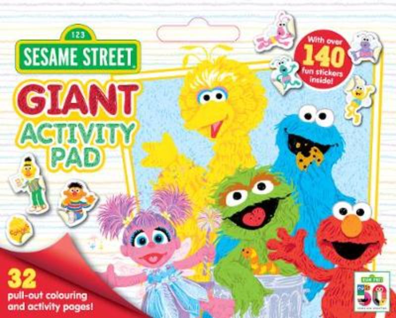 Giant activity pad featuring Sesame Street characters, 32 colorful pages for creative fun and learning, with a carry handle.