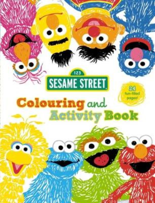 Sesame Street colouring and activity book featuring Elmo, Big Bird, and Cookie Monster with engaging puzzles for kids aged 3-7.