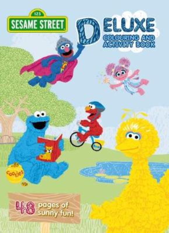 Colorful activity book featuring Sesame Street characters, with coloring pages, puzzles, and fun for kids aged 3 and up.