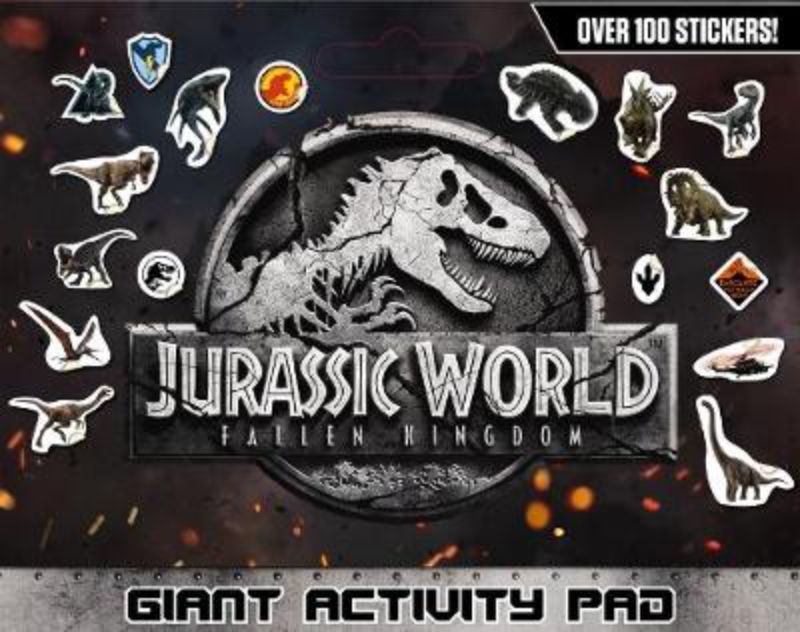 Giant Jurassic World activity pad with 32 pages of coloring, puzzles, and a dinosaur sticker sheet for creative kids.