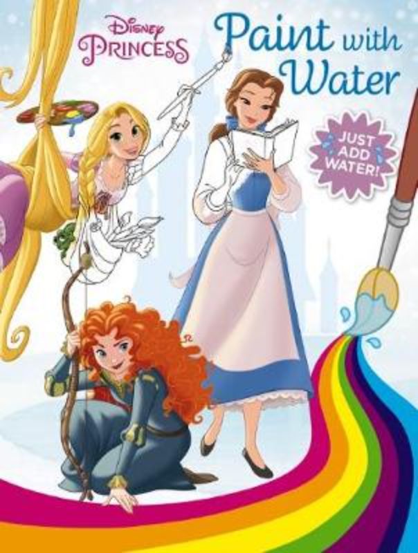 A child painting Disney princesses with water, showcasing creativity in a colorful interactive art book.