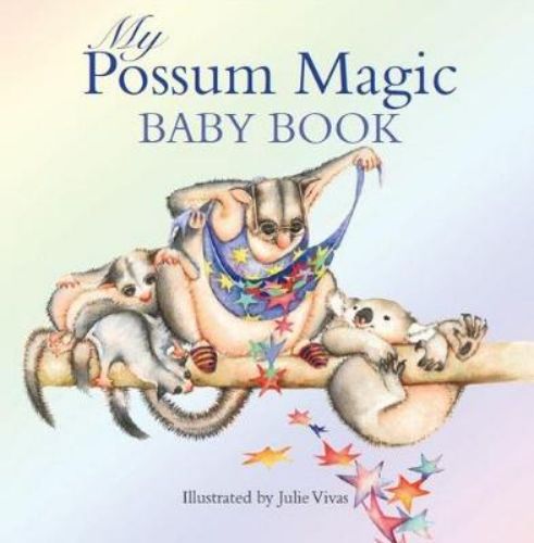 Alt text: "Possum Magic Baby Book cover featuring heartwarming stories and illustrations by Julie Vivas for baby's first memories."