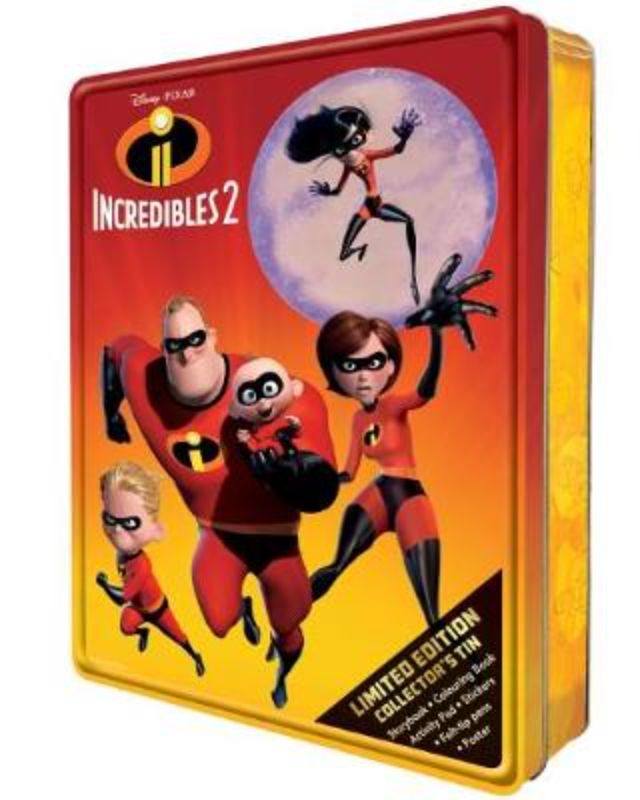 Limited Edition Incredibles 2 collector's tin with mini-storybook, activity pad, colouring book, poster, and colouring pencils.