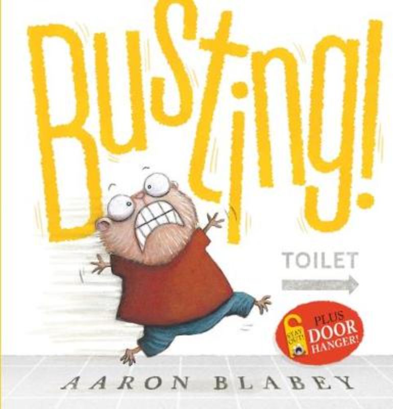 Vibrant hardback picture book 'Busting!' featuring Lou's bathroom adventure, plus a fun privacy door hanger.