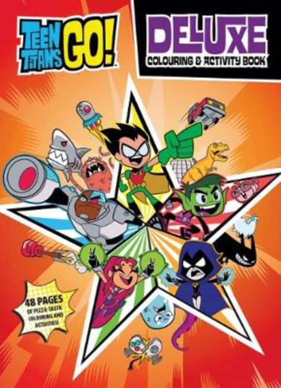 Coloring and activity book featuring Teen Titans characters, with 48 pages of fun puzzles and creative sections for kids.