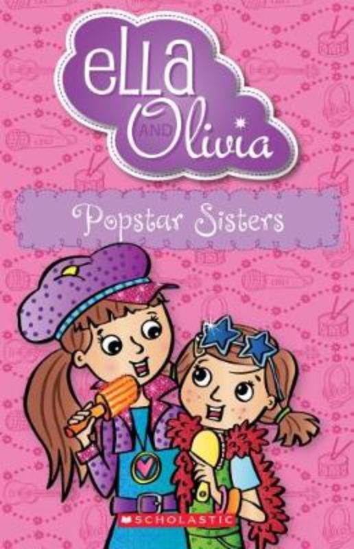 Colorful cover of "Popstar Sisters (Ella and Olivia #22)", showcasing two sisters excited for a school concert adventure.