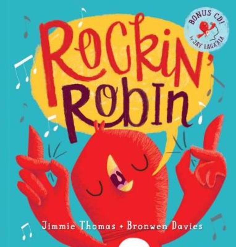 Colorful book "Rockin' Robin" with CD, featuring vibrant illustrations and a catchy children's song to inspire reading and singing.