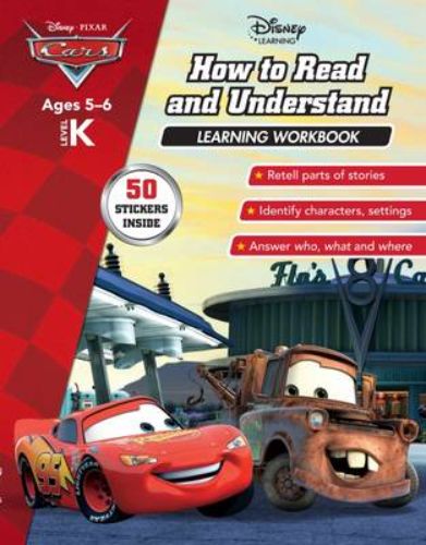Colorful Disney Cars workbook for early learners, covering reading, math, and vocabulary skills through engaging activities.