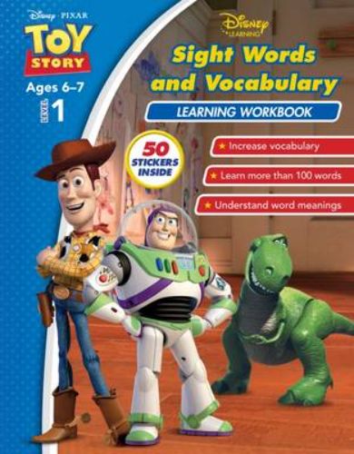 Colorful Disney Toy Story workbook for kids ages 5-7 to learn sight words and vocabulary through interactive exercises.