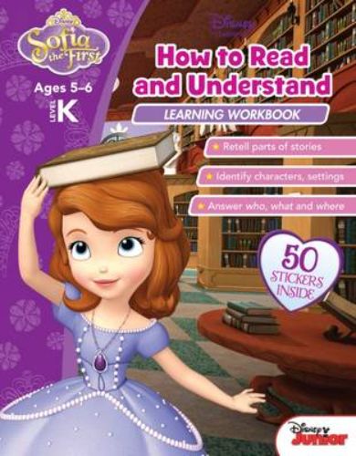 Colorful educational workbook featuring Disney's Sofia the First, designed to enhance early reading and literacy skills for kids.