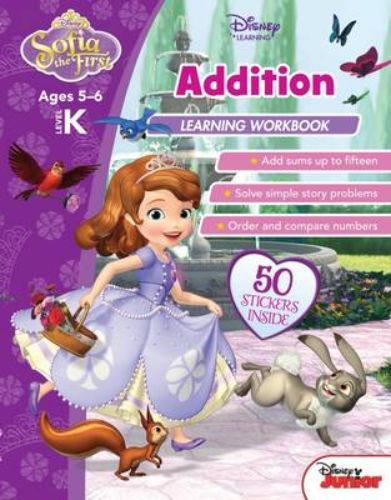 Disney Sofia the First addition workbook for kids, featuring fun exercises and colorful illustrations for learning math skills.