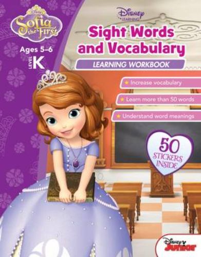 Disney Sofia the First workbook for kindergarten, featuring 80 colorful pages to teach sight words and vocabulary skills.