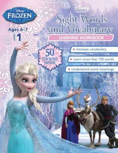 'Frozen: Sight Words and Vocabulary' workbook with iconic characters, 80 pages of fun activities for young readers' literacy skills.
