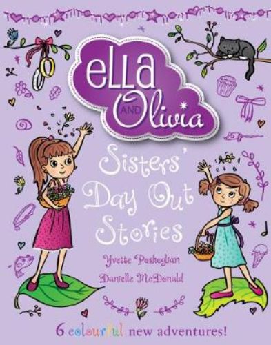 Cover of "Sisters' Day Out Stories" featuring Ella and Olivia on a vibrant adventure-filled design.