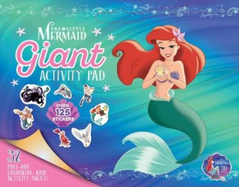 Giant activity pad featuring The Little Mermaid with 32 pages of coloring and puzzles for creative fun on the go.