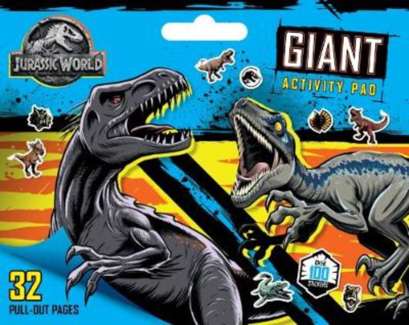 Giant Jurassic World activity pad with 32 pages of coloring, puzzles, and mazes for creative young dinosaur lovers.