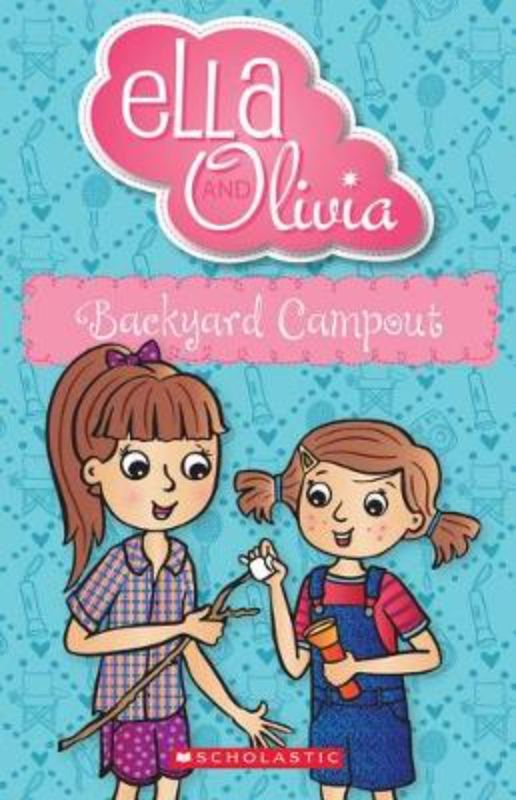 Illustration of Ella and Olivia in their backyard, joyfully camping and exploring nature in their exciting adventure.