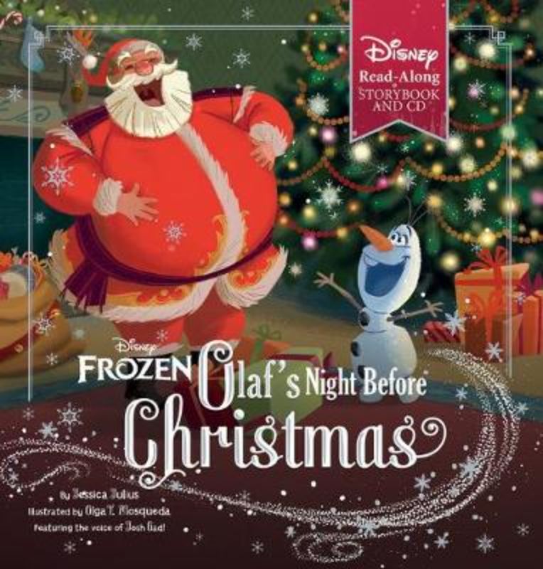 Cover of 'Olaf's Night Before Christmas' book with CD, featuring Olaf the snowman in a snowy setting, perfect for holiday storytime.
