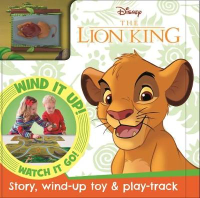 Colorful Lion King busy board book for toddlers with interactive wind-up toy and engaging illustrations.