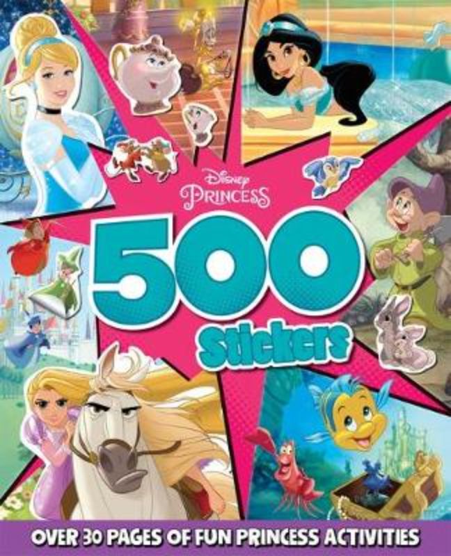 Colorful Disney Princess sticker book with 500 stickers, puzzles, and activities for creative fun and engagement.
