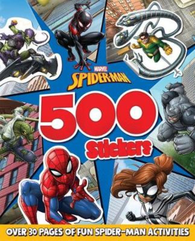 Colorful Spider-Man activity book featuring 500 stickers for creative fun, puzzles, and personal decoration.