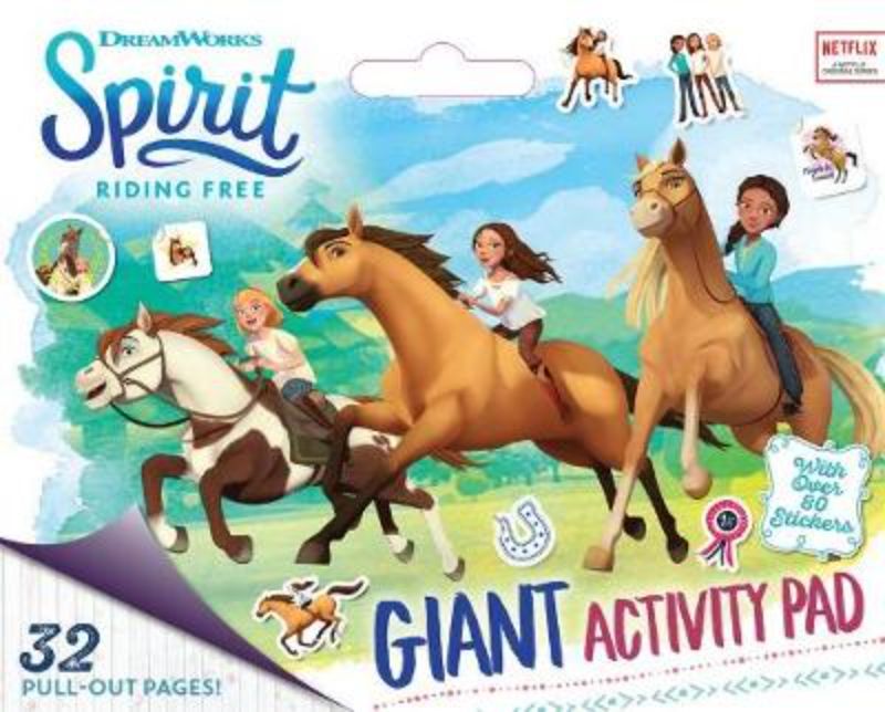 Giant activity pad for kids featuring Spirit, with 32 pages of coloring, puzzles, and a convenient carry handle for on-the-go fun.
