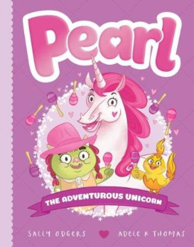 Cover of "Pearl #8: The Adventurous Unicorn," featuring Pearl and friends with magical umbrellas in a vibrant, whimsical landscape.