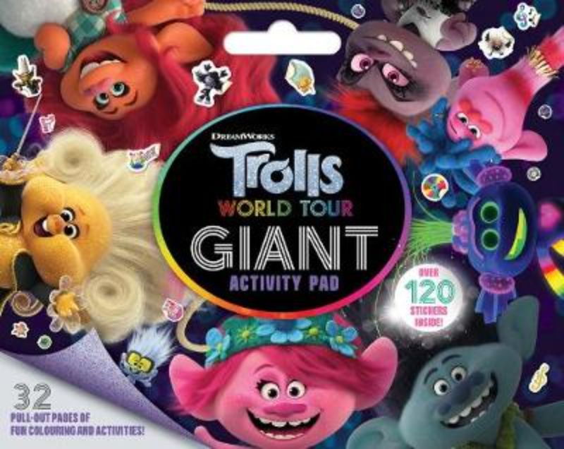 Giant Trolls World Tour activity pad with 32 pages of coloring, puzzles, and a sticker sheet, perfect for creative play.