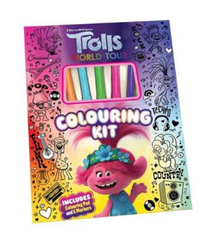 Coloring kit featuring Trolls characters, includes 5 markers and 48 tear-out pages for creative fun and display.