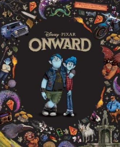 Hardcover book "Onward" featuring stunning illustrations of two elf brothers on a quest, gold-foiled cover, and ribbon bookmark.