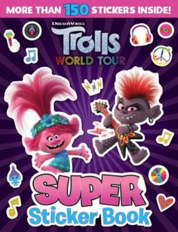 Colorful *Trolls World Tour* sticker book featuring activities, over 100 stickers, and beloved characters for creative fun.