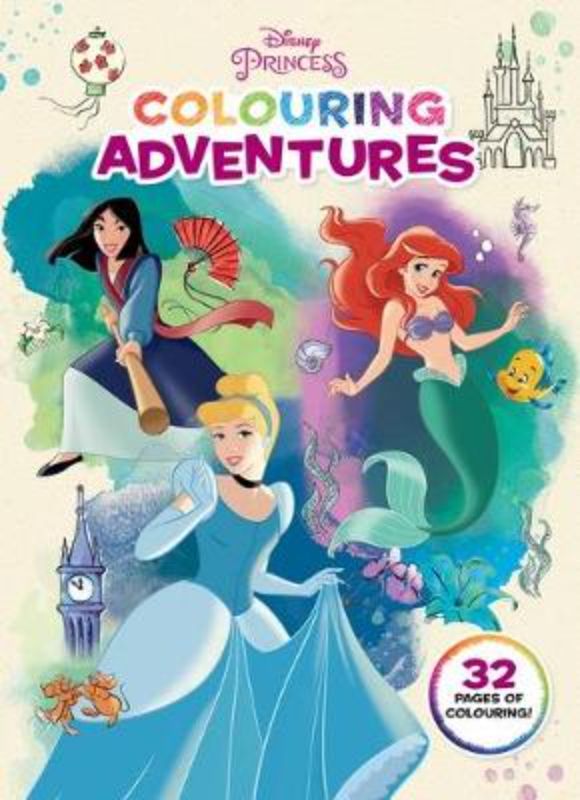 Colouring book featuring 32 pages of Disney Princess illustrations for kids aged 3+, sparking creativity and imagination.