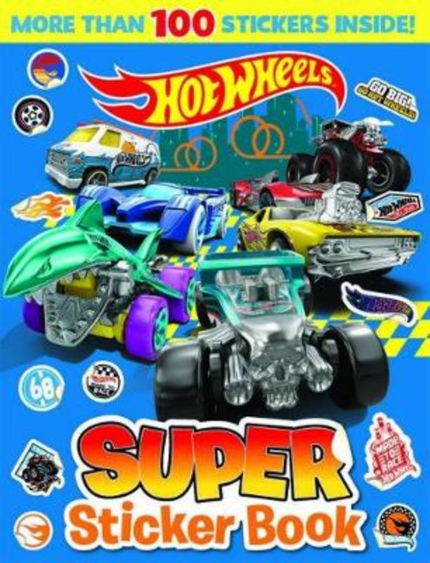 Colorful Hot Wheels Super Sticker Book with 16 pages of creative activities for kids, featuring racing and fun sticker interactions.