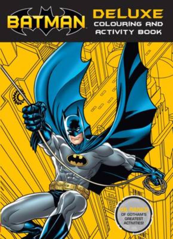 Batman Deluxe Colouring and Activity Book featuring 48 pages of coloring, puzzles, and stickers for young superheroes.