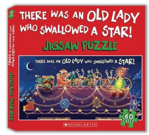 Colorful book cover of 'There Was an Old Lady Who Swallowed a Star' featuring a whimsical old lady and a jigsaw puzzle invitation.